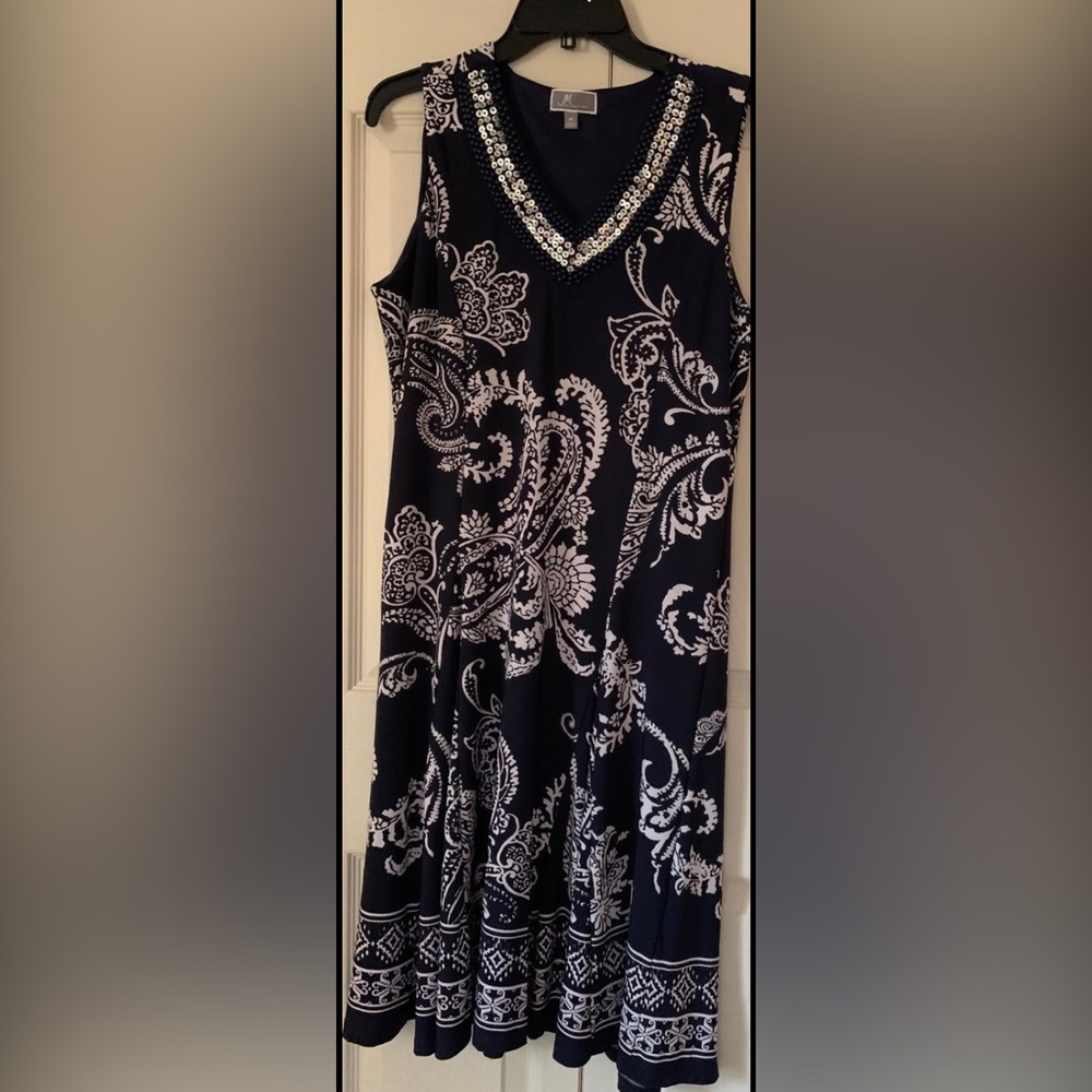 JM Collection Dress | Embellished V-Neck Dress, Color:Navy Blue/White,SizeL NEW!